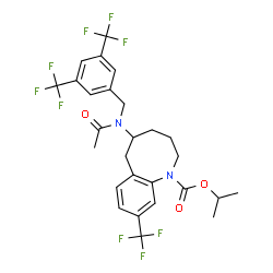 ChemSpider 2D Image | Isopropyl 5-{acetyl[3,5-bis(trifluoromethyl)benzyl]amino}-9-(trifluoromethyl)-3,4,5,6-tetrahydro-1-benzazocine-1(2H)-carboxylate | C27H27F9N2O3