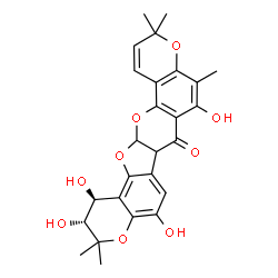 ChemSpider 2D Image | (1S,2R)-1,2,5,8-Tetrahydroxy-3,3,9,11,11-pentamethyl-2,3,6b,14a-tetrahydro-1H,7H,11H-chromeno[6',5':4,5]furo[2,3-b]pyrano[2,3-h]chromen-7-one | C26H26O9