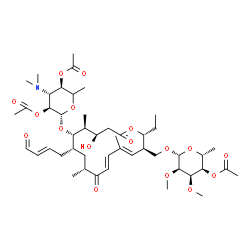 ChemSpider 2D Image | {(2R,3R,4E,6E,9R,11S,12S,13S,14R)-12-{[(5xi)-2,4-Di-O-acetyl-3,6-dideoxy-3-(dimethylamino)-beta-L-xylo-hexopyranosyl]oxy}-2-ethyl-14-hydroxy-5,9,13-trimethyl-8,16-dioxo-11-[(2E)-4-oxo-2-buten-1-yl]oxa
cyclohexadeca-4,6-dien-3-yl}methyl 4-O-acetyl-6-deoxy-2,3-di-O-methyl-beta-D-allopyranoside | C47H73NO17