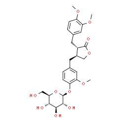 ChemSpider 2D Image | 4-{[(3S,4S)-4-(3,4-Dimethoxybenzyl)-5-oxotetrahydro-3-furanyl]methyl}-2-methoxyphenyl beta-D-glucopyranoside | C27H34O11