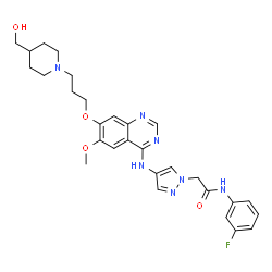 ChemSpider 2D Image | N-(3-Fluorophenyl)-2-{4-[(7-{3-[4-(hydroxymethyl)-1-piperidinyl]propoxy}-6-methoxy-4-quinazolinyl)amino]-1H-pyrazol-1-yl}acetamide | C29H34FN7O4