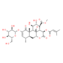 ChemSpider 2D Image | Methyl (9xi,11beta,12alpha,13beta,15beta)-2-(beta-D-glucopyranosyloxy)-11,12-dihydroxy-15-[(3-methyl-2-butenoyl)oxy]-1,16-dioxo-13,20-epoxypicras-2-en-21-oate | C32H42O16