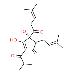 ChemSpider 2D Image | (4R)-3,4-Dihydroxy-2-isobutyryl-5-(3-methyl-2-buten-1-yl)-4-(4-methyl-3-pentenoyl)-2-cyclopenten-1-one | C20H28O5