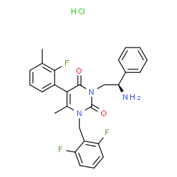 ChemSpider 2D Image | 3-[(2R)-2-Amino-2-phenylethyl]-1-(2,6-difluorobenzyl)-5-(2-fluoro-3-methylphenyl)-6-methyl-2,4(1H,3H)-pyrimidinedione hydrochloride (1:1) | C27H25ClF3N3O2