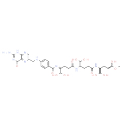 ChemSpider 2D Image | 4-{[(2-Amino-4-oxo-1,4-dihydro-6-pteridinyl)methyl]amino}-N-{(2Z)-5-[(1,1-dihydroxy-5-oxo-5-{[(4E)-1,1,5-trihydroxy-5-methoxy-1,4-pentadien-2-yl]amino}-1-penten-2-yl)amino]-1,1-dihydroxy-5-oxo-2-penta
nylidene}benzamide | C30H35N9O12