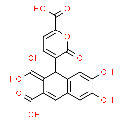 ChemSpider 2D Image | 3-[3-Carboxy-2-(dihydroxymethylene)-6,7-dihydroxy-1,2-dihydro-1-naphthalenyl]-2-oxo-2H-pyran-6-carboxylic acid | C18H12O10