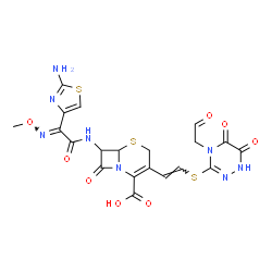 ChemSpider 2D Image | 7-{[(2E)-2-(2-Amino-1,3-thiazol-4-yl)-2-(methoxyimino)acetyl]amino}-3-[(E)-2-{[5,6-dioxo-4-(2-oxoethyl)-1,4,5,6-tetrahydro-1,2,4-triazin-3-yl]sulfanyl}vinyl]-8-oxo-5-thia-1-azabicyclo[4.2.0]oct-2-ene-
2-carboxylic acid | C20H18N8O8S3