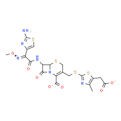 ChemSpider 2D Image | 7-{[(2E)-2-(2-Amino-1,3-thiazol-4-yl)-2-(methoxyimino)acetyl]amino}-3-({[5-(carboxylatomethyl)-4-methyl-1,3-thiazol-2-yl]sulfanyl}methyl)-8-oxo-5-thia-1-azabicyclo[4.2.0]oct-2-ene-2-carboxylate | C20H18N6O7S4