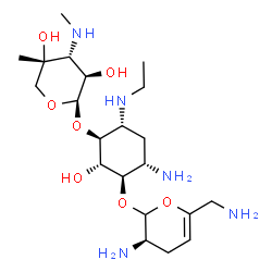 ChemSpider 2D Image | (1S,2S,3R,4S,6R)-4-Amino-3-{[(3R)-3-amino-6-(aminomethyl)-3,4-dihydro-2H-pyran-2-yl]oxy}-6-(ethylamino)-2-hydroxycyclohexyl 3-deoxy-4-C-methyl-3-(methylamino)-beta-L-arabinopyranoside | C21H41N5O7