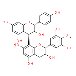 ChemSpider 2D Image | (2R,4R)-4-[(2R)-2-(3,5-dihydroxy-4-methoxy-phenyl)-3,5,7-trihydroxy-chroman-8-yl]-2-(4-hydroxyphenyl)chromane-3,5,7-triol | C31H28O12