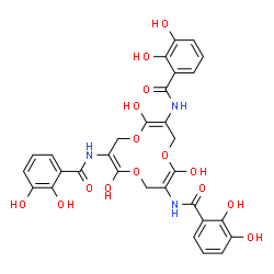 ChemSpider 2D Image | N,N',N''-[(2E,6E,10E)-2,6,10-Trihydroxy-1,5,9-trioxacyclododeca-2,6,10-triene-3,7,11-triyl]tris(2,3-dihydroxybenzamide) | C30H27N3O15
