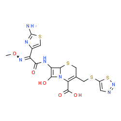 ChemSpider 2D Image | 7-{[(2E)-2-(2-Amino-1,3-thiazol-4-yl)-2-(methoxyimino)acetyl]amino}-8-hydroxy-3-[(1,2,3-thiadiazol-5-ylsulfanyl)methyl]-5-thia-1-azabicyclo[4.2.0]octa-2,7-diene-2-carboxylic acid | C16H15N7O5S4