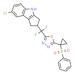 ChemSpider 2D Image | 7-Chloro-2-(difluoro{5-[1-(phenylsulfonyl)cyclopropyl]-1,3,4-oxadiazol-2-yl}methyl)-1,2,3,4-tetrahydrocyclopenta[b]indole | C23H18ClF2N3O3S