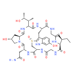 ChemSpider 2D Image | 2-[(1R,4R,8R,10S,16S,34S)-34-[(2S)-2-Butanyl]-8,22-dihydroxy-13-[(2R,3R)-3-hydroxy-2-butanyl]-27-oxido-2,5,11,14,30,33,36,39-octaoxo-27-thia-3,6,12,15,25,29,32,35,38-nonaazapentacyclo[14.12.11.0~6,10~
.0~18,26~.0~19,24~]nonatriaconta-18(26),19,21,23-tetraen-4-yl]acetamide | C39H54N10O13S