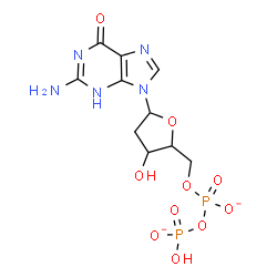ChemSpider 2D Image | 2-Amino-9-(2-deoxy-5-O-{[(hydroxyphosphinato)oxy]phosphinato}pentofuranosyl)-3,9-dihydro-6H-purin-6-one | C10H13N5O10P2