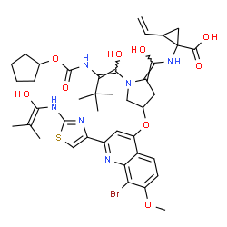 ChemSpider 2D Image | 1-{[(Z)-{4-[(8-Bromo-2-{2-[(1-hydroxy-2-methyl-1-propen-1-yl)amino]-1,3-thiazol-4-yl}-7-methoxy-4-quinolinyl)oxy]-1-[(1Z)-2-{[(cyclopentyloxy)carbonyl]amino}-1-hydroxy-3,3-dimethyl-1-buten-1-yl]-2-pyr
rolidinylidene}(hydroxy)methyl]amino}-2-vinylcyclopropanecarboxylic acid | C40H49BrN6O9S