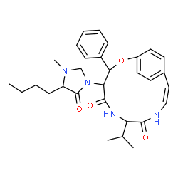 ChemSpider 2D Image | (10Z)-4-(4-Butyl-3-methyl-5-oxo-1-imidazolidinyl)-7-isopropyl-3-phenyl-2-oxa-6,9-diazabicyclo[10.2.2]hexadeca-1(14),10,12,15-tetraene-5,8-dione | C30H38N4O4