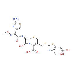 ChemSpider 2D Image | (7E)-7-{[(2E)-2-(2-Amino-1,3-thiazol-4-yl)-2-(methoxyimino)acetyl]imino}-3-({[5-(2,2-dihydroxyvinyl)-4-methyl-1,3-thiazol-2-yl]sulfanyl}methyl)-8-hydroxy-5-thia-1-azabicyclo[4.2.0]oct-2-ene-2-carboxyl
ic acid | C20H20N6O7S4
