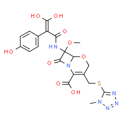 ChemSpider 2D Image | 7-{[3,3-Dihydroxy-2-(4-hydroxyphenyl)acryloyl]amino}-7-methoxy-3-{[(1-methyl-1H-tetrazol-5-yl)sulfanyl]methyl}-8-oxo-5-oxa-1-azabicyclo[4.2.0]oct-2-ene-2-carboxylic acid | C20H20N6O9S