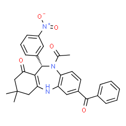 ChemSpider 2D Image | (11S)-10-Acetyl-7-benzoyl-3,3-dimethyl-11-(3-nitrophenyl)-2,3,4,5,10,11-hexahydro-1H-dibenzo[b,e][1,4]diazepin-1-one | C30H27N3O5