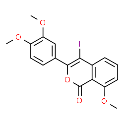 ChemSpider 2D Image | 3-(3,4-Dimethoxyphenyl)-4-iodo-8-methoxy-1H-isochromen-1-one | C18H15IO5