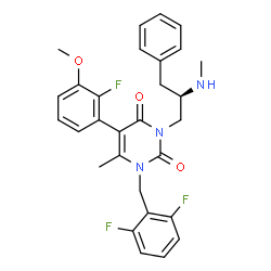 ChemSpider 2D Image | 1-(2,6-Difluorobenzyl)-5-(2-fluoro-3-methoxyphenyl)-6-methyl-3-[(2R)-2-(methylamino)-3-phenylpropyl]-2,4(1H,3H)-pyrimidinedione | C29H28F3N3O3