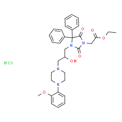 ChemSpider 2D Image | Ethyl (3-{2-hydroxy-3-[4-(2-methoxyphenyl)-1-piperazinyl]propyl}-2,5-dioxo-4,4-diphenyl-1-imidazolidinyl)acetate hydrochloride (1:1) | C33H39ClN4O6