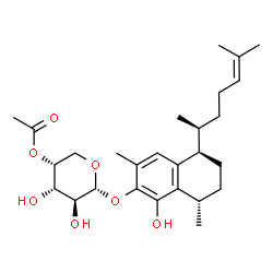 ChemSpider 2D Image | (5R,8S)-1-Hydroxy-3,8-dimethyl-5-[(2S)-6-methyl-5-hepten-2-yl]-5,6,7,8-tetrahydro-2-naphthalenyl 4-O-acetyl-alpha-D-arabinopyranoside | C27H40O7