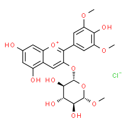 ChemSpider 2D Image | 5,7-Dihydroxy-2-(4-hydroxy-3,5-dimethoxyphenyl)-3-{[(2R,3R,4S,5S,6S)-3,4,5-trihydroxy-6-methoxytetrahydro-2H-pyran-2-yl]oxy}chromenium chloride (non-preferred name) | C23H25ClO12