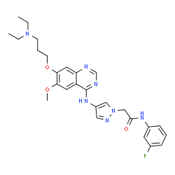 ChemSpider 2D Image | 2-[4-({7-[3-(Diethylamino)propoxy]-6-methoxy-4-quinazolinyl}amino)-1H-pyrazol-1-yl]-N-(3-fluorophenyl)acetamide | C27H32FN7O3