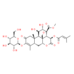 ChemSpider 2D Image | Methyl (5beta,11beta,12alpha,13beta,15beta)-3-(beta-D-glucopyranosyloxy)-11,12-dihydroxy-15-[(3-methyl-2-butenoyl)oxy]-2,16-dioxo-13,20-epoxypicras-3-en-21-oate | C32H42O16