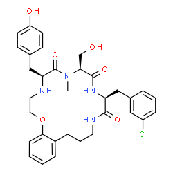 ChemSpider 2D Image | (5S,8S,11S)-11-(3-Chlorobenzyl)-5-(4-hydroxybenzyl)-8-(hydroxymethyl)-7-methyl-4,5,7,8,10,11,13,14,15,16-decahydro-2H-1,4,7,10,13-benzoxatetraazacyclooctadecine-6,9,12(3H)-trione | C33H39ClN4O6