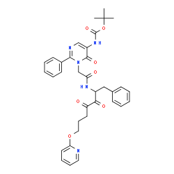 ChemSpider 2D Image | 2-Methyl-2-propanyl [1-(2-{[3,4-dioxo-1-phenyl-7-(2-pyridinyloxy)-2-heptanyl]amino}-2-oxoethyl)-6-oxo-2-phenyl-1,6-dihydro-5-pyrimidinyl]carbamate | C35H37N5O7