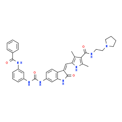 ChemSpider 2D Image | 5-{(Z)-[6-({[3-(Benzoylamino)phenyl]carbamoyl}amino)-2-oxo-1,2-dihydro-3H-indol-3-ylidene]methyl}-2,4-dimethyl-N-[2-(1-pyrrolidinyl)ethyl]-1H-pyrrole-3-carboxamide | C36H37N7O4
