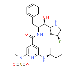 ChemSpider 2D Image | 2-[(2S)-2-Butanylamino]-N-{(1R,2S)-1-[(2R,4S)-4-fluoro-2-pyrrolidinyl]-1-hydroxy-3-phenyl-2-propanyl}-6-[methyl(methylsulfonyl)amino]isonicotinamide | C25H36FN5O4S