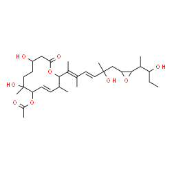 ChemSpider 2D Image | 4-C-{(1E,3E)-4-[(4E)-6-Acetoxy-7,10-dihydroxy-3,7-dimethyl-12-oxooxacyclododec-4-en-2-yl]-3-methyl-1,3-pentadien-1-yl}-1,2-anhydro-3,5-dideoxy-1-(3-hydroxy-2-pentanyl)pentitol | C31H50O9