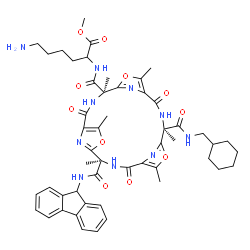 ChemSpider 2D Image | Methyl N~2~-{[(4R,11R,18R)-11-[(cyclohexylmethyl)carbamoyl]-18-(9H-fluoren-9-ylcarbamoyl)-4,7,11,14,18,21-hexamethyl-2,9,16-trioxo-6,13,20-trioxa-3,10,17,22,23,24-hexaazatetracyclo[17.2.1.1~5,8~.1~12,
15~]tetracosa-1(21),5(24),7,12(23),14,19(22)-hexaen-4-yl]carbonyl}lysinate | C51H60N10O11
