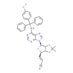 ChemSpider 2D Image | (2E)-3-[(3aR,4R,6R,6aR)-6-(6-{[(4-Methoxyphenyl)(diphenyl)methyl]amino}-9H-purin-9-yl)-2,2-dimethyltetrahydrofuro[3,4-d][1,3]dioxol-4-yl]acrylonitrile | C35H32N6O4