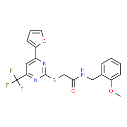 ChemSpider 2D Image | 2-{[4-(2-Furyl)-6-(trifluoromethyl)-2-pyrimidinyl]sulfanyl}-N-(2-methoxybenzyl)acetamide | C19H16F3N3O3S