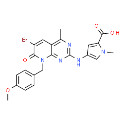 ChemSpider 2D Image | 4-{[6-Bromo-8-(4-methoxybenzyl)-4-methyl-7-oxo-7,8-dihydropyrido[2,3-d]pyrimidin-2-yl]amino}-1-methyl-1H-pyrrole-2-carboxylic acid | C22H20BrN5O4