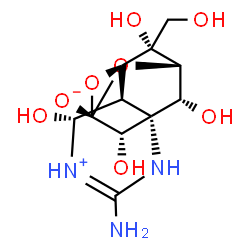 ChemSpider 2D Image | (1R,5R,6R,7R,9S,11S,12R,13S,14S)-3-Amino-5,12,13,14-tetrahydroxy-14-(hydroxymethyl)-8,10-dioxa-2-aza-4-azoniatetracyclo[7.3.1.1~7,11~.0~1,6~]tetradec-3-en-9-olate | C11H17N3O8