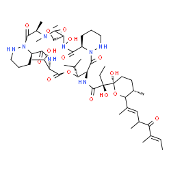 ChemSpider 2D Image | (2S)-2-{(2R,5S)-6-[(2E,6E)-4,6-Dimethyl-5-oxo-2,6-octadien-2-yl]-2-hydroxy-5-methyltetrahydro-2H-pyran-2-yl}-2-hydroxy-N-[(4aR,7S,10R,16aR,19R,22S,23S)-6-hydroxy-19-[(1S)-1-hydroxyethyl]-22-isopropyl-
7-(methoxymethyl)-9,10-dimethyl-5,8,11,17,20,24-hexaoxodocosahydro-13H,22H-dipyridazino[6,1-f:6',1'-o][1,4,7,10,13,16]oxapentaazacyclononadecin-23-yl]butanamide | C48H78N8O15