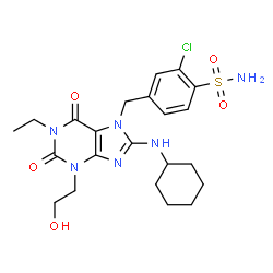 ChemSpider 2D Image | 2-Chloro-4-{[8-(cyclohexylamino)-1-ethyl-3-(2-hydroxyethyl)-2,6-dioxo-1,2,3,6-tetrahydro-7H-purin-7-yl]methyl}benzenesulfonamide | C22H29ClN6O5S