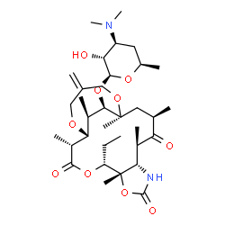 ChemSpider 2D Image | (1R,2R,5R,6S,10S,11R,13R,15S,21R,22R)-5-Ethyl-2,6,11,13,15,21-hexamethyl-18-methylene-3,8,12-trioxo-4,7,16,20-tetraoxa-9-azatricyclo[13.5.2.0~6,10~]docos-22-yl 3,4,6-trideoxy-3-(dimethylamino)-beta-D-
xylo-hexopyranoside | C34H56N2O10