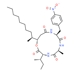 ChemSpider 2D Image | (3R,6S,9S,13S)-3-[(2S)-2-Butanyl]-13-[(2S)-2-decanyl]-6-methyl-9-(4-nitrobenzyl)-1-oxa-4,7,10-triazacyclotridecane-2,5,8,11-tetrone | C31H48N4O7