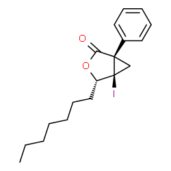 ChemSpider 2D Image | (1R,4S,5R)-4-Heptyl-5-iodo-1-phenyl-3-oxabicyclo[3.1.0]hexan-2-one | C18H23IO2