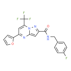 ChemSpider 2D Image | N-(4-Fluorobenzyl)-5-(2-furyl)-7-(trifluoromethyl)pyrazolo[1,5-a]pyrimidine-2-carboxamide | C19H12F4N4O2