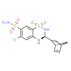 ChemSpider 2D Image | (3S)-3-[(1R,2R,4S)-Bicyclo[2.2.1]hept-5-en-2-yl]-6-chloro-3,4-dihydro-2H-1,2,4-benzothiadiazine-7-sulfonamide 1,1-dioxide | C14H16ClN3O4S2