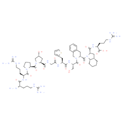 ChemSpider 2D Image | (2S)-2-({[(2S,3aS,7aS)-1-({(3R)-2-[(2S)-2-{[(2S)-2-{[({[(2S,4R)-1-({(2S)-1-[(2S)-2-{[(2S)-2-Amino-5-carbamimidamidopentanoyl]amino}-5-carbamimidamidopentanoyl]-2-pyrrolidinyl}carbonyl)-4-hydroxy-2-pyr
rolidinyl]carbonyl}amino)acetyl]amino}-3-(2-thienyl)propanoyl]amino}-3-hydroxypropanoyl]-1,2,3,4-tetrahydro-3-isoquinolinyl}carbonyl)octahydro-1H-indol-2-yl]carbonyl}amino)-5-carbamimidamidopentanoic 
acid (non-preferred name) | C59H89N19O13S