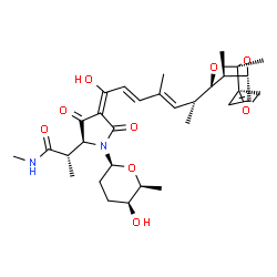 ChemSpider 2D Image | (2S)-2-{(2S,4E)-4-{(2E,4E,6R)-6-[(1R,2R,5R,6S)-1,6-Dimethylspiro[8,9-dioxabicyclo[3.3.1]non-3-ene-2,2'-oxiran]-7-yl]-1-hydroxy-4-methyl-2,4-heptadien-1-ylidene}-1-[(2S,5S,6S)-5-hydroxy-6-methyltetrahy
dro-2H-pyran-2-yl]-3,5-dioxo-2-pyrrolidinyl}-N-methylpropanamide | C32H44N2O9